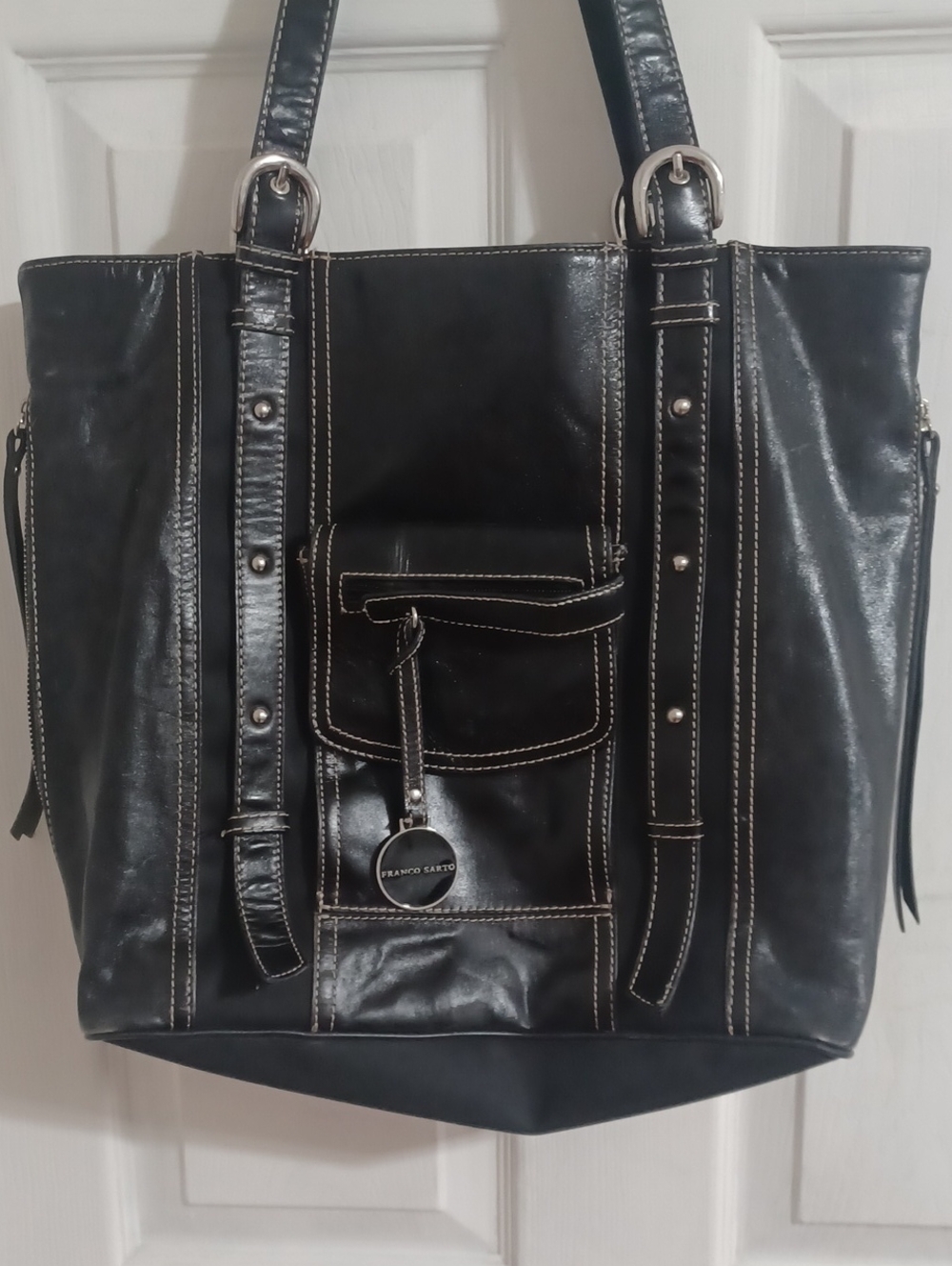 Franco Sarto Women’s Black Vinyl Huge Tote Bag with Front & Side Pocket.